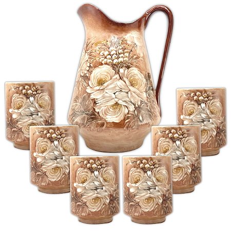 Jarra para Suco Sangria Chá Leiteira 2,5 Litros com 6 Copos de Porcelana 230 ml Pintado à Mão ROSAS BRANCA