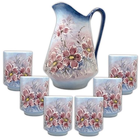 Jarra para Suco Sangria Chá Leiteira 2,5 Litros com 6 Copos de Porcelana 230 ml Pintado à Mão AZALEIA SILVESTRE ROSA