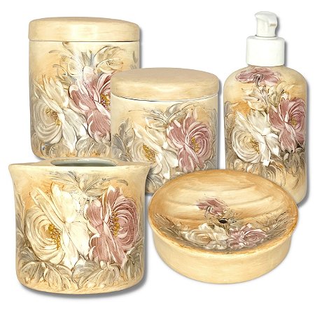Kit Higiene de Banheiro 5 Peças de Porcelana Pintado à Mão ROSAS BRANCA ROSA/CARAMELO