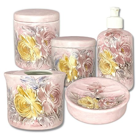 Kit Higiene de Banheiro 5 Peças de Porcelana Pintado à Mão ROSAS AMARELA ROSA/ROSA