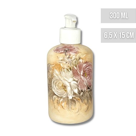 Porta Sabonete Líquido Saboneteira Dispenser Alcool em Gel Porcelana 300 ml Pindado à Mão ROSAS BRANCA ROSA/CARAMELO