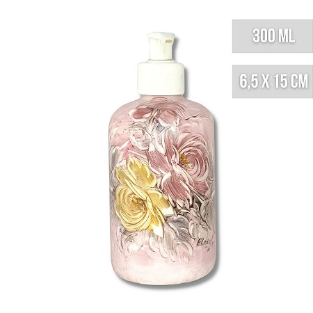 Porta Sabonete Líquido Saboneteira Dispenser Alcool em Gel Porcelana 300 ml Pindado à Mão ROSAS AMARELA ROSA/ROSA