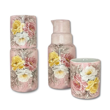 Moringa Jarra de Água Fresca 750 ml com Copo de Porcelana Pintada à Mão ROSAS BRANCA ROSA AMARELA/ROSA