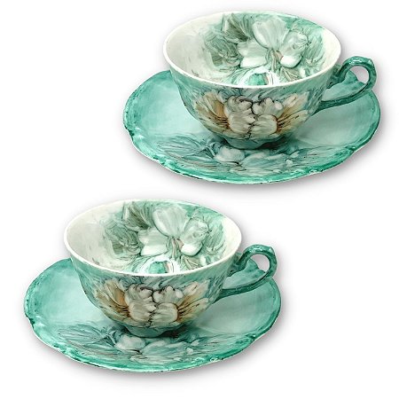 2 Xícaras de Chá Lady com Pires de Porcelana Extra Fina AZALEIA BRANCA/TIFFANY