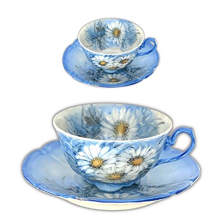 2 Xícaras de Chá Lady com Pires de Porcelana Extra Fina MARGARIDAS BRANCA/AZUL