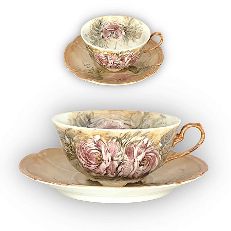 2 Xícaras de Chá Lady com Pires de Porcelana Extra Fina ROSAS ROSA/CARAMELO