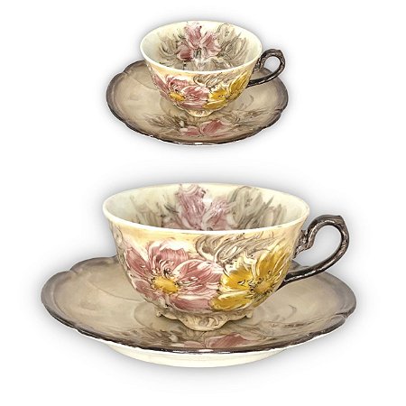 2 Xícaras de Chá Lady com Pires de Porcelana Extra Fina AZALEIAS ROSA AMARELA/MARROM