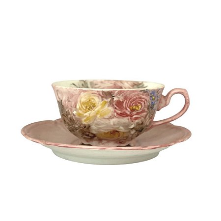 2 Xícaras de Chá Lady com Pires de Porcelana Extra Fina ROSAS BRANCA AMARELA ROSA/ROSA