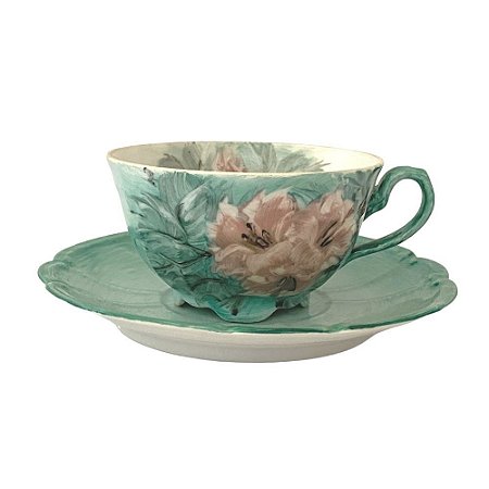 2 Xícaras de Chá Lady com Pires de Porcelana Extra Fina AZALEIAS ROSA/VERDE