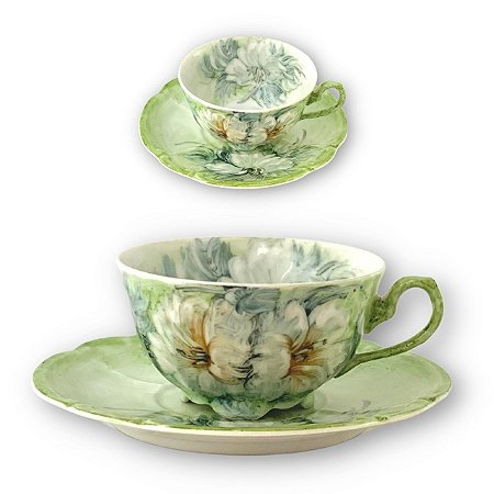 2 Xícaras de Chá Lady com Pires de Porcelana Extra Fina AZALEIAS BRANCA/VERDE