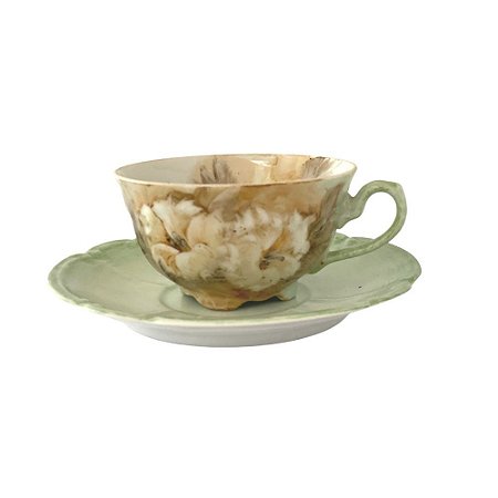 2 Xícaras de Chá Lady com Pires de Porcelana Extra Fina AZALEIAS AMARELA/CARAMELO-VERDE