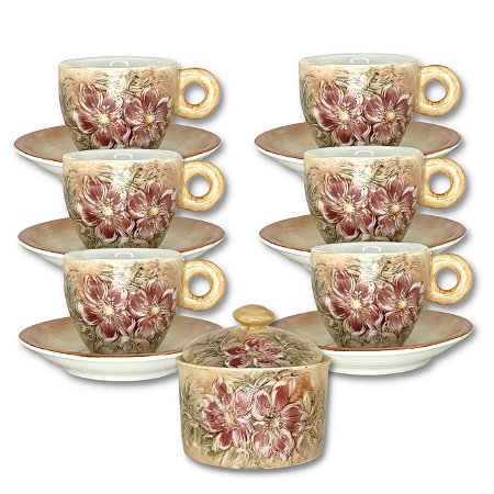 Jogo de 6 Xícaras de Café Cônica Coquinho 70 ml e Açucareiro de Porcelana Pintado à Mão AZALEIA SILVESTRE ROSA/ROSA