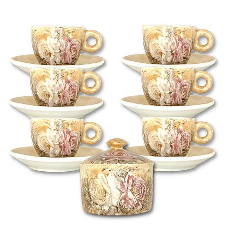 Jogo de 6 Xícaras de Café Cônica Coquinho 70 ml e Açucareiro de Porcelana Pintado à Mão ROSAS BRANCA ROSA/CARAMELO