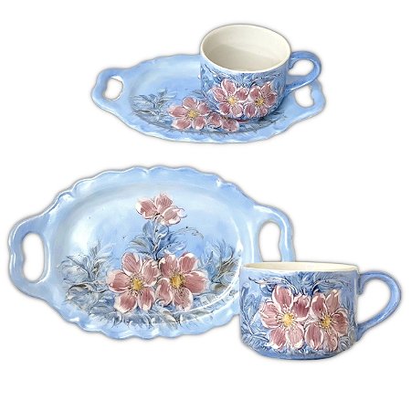 Xícara de Chá Café com Leite 190 ml com Bandeja de Lanche - AZALEIA SILVESTRE ROSA/AZUL