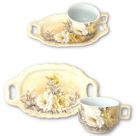 Xícara de Chá Café com Leite 190 ml com Bandeja de Lanche - ROSAS BRANCA AMARELA/CARAMELO