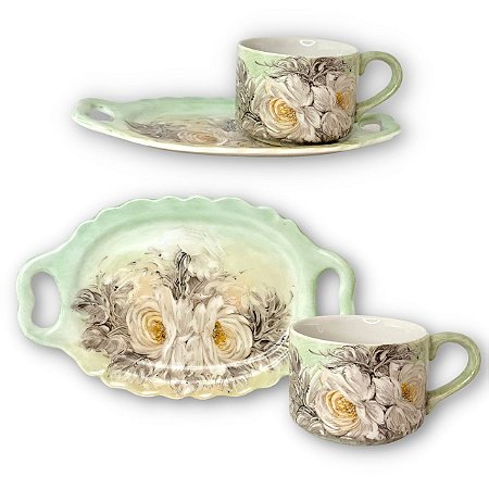 Xícara de Chá Café com Leite 190 ml com Bandeja de Lanche - ROSAS BRANCA/VERDE-CARAMELO