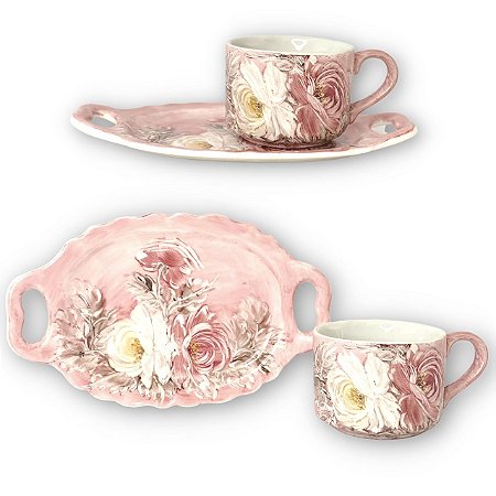 Xícara de Chá Café com Leite 190 ml com Bandeja de Lanche - ROSAS BRANCA ROSA/ROSA