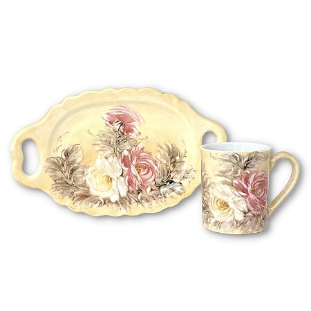 Caneca de Café com Leite Fina 150 ml de Porcelana com Bandeja de Lanche ROSAS BRANCA ROSA/CARAMELO