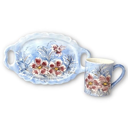 Caneca de Café com Leite Fina 150 ml de Porcelana com Bandeja de Lanche AZALEIAS ROSA/AZUL
