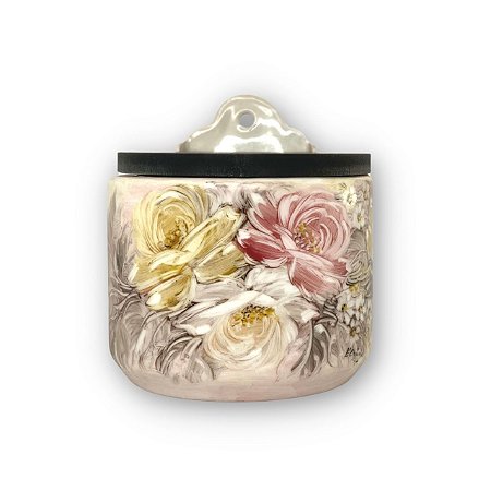 Saleiro de Parede Reto Porcelana Tampa Madeira 700 grs Sal - ROSAS BRANCA AMARELA ROSA/CARAMELO