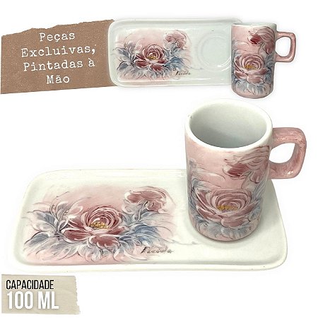 Caneca de Café 100 ml Xícara com Bandeja de Lanche Porcelana Retangular Pintada à Mão ROSA ROSA - ROSA