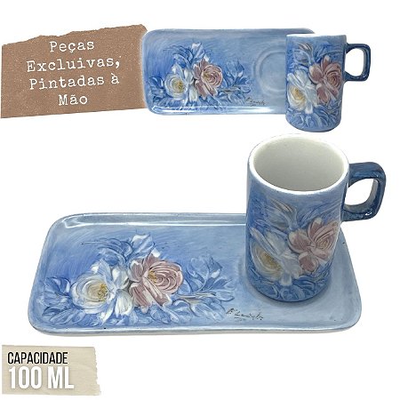 Caneca de Café 100 ml Xícara com Bandeja de Lanche Porcelana Retangular Pintada à Mão ROSAS BRANCA ROSA - AZUL