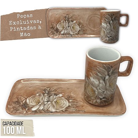 Caneca de Café 100 ml Xícara com Bandeja de Lanche Porcelana Retangular Pintada à Mão ROSA BRANCA - CHOCOLATE
