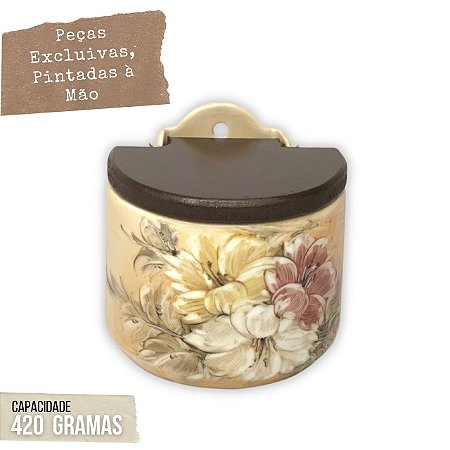 Saleiro de Parede Reto com Tampa Madeira Pequeno 420 grs Sal Pintado à Mão - AZALEIAS BRANCA AMARELA ROSA - CARAMELO