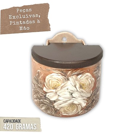 Saleiro de Parede Reto com Tampa Madeira Pequeno 420 grs Sal Pintado à Mão - ROSAS BRANCA - CHOCOLATE