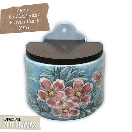 Saleiro de Parede Reto Porcelana Tampa Madeira 700 grs Sal Pintado à Mão - AZALEIA SILVESTRE ROSA - AZUL