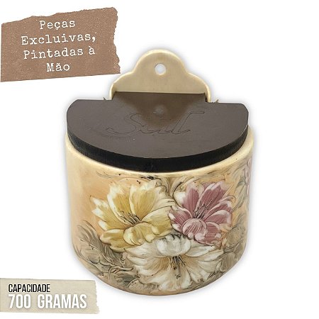 Saleiro de Parede Reto Porcelana Tampa Madeira 700 grs Sal Pintado à Mão - AZALEIAS BRANCA AMARELA ROSA - CARAMELO