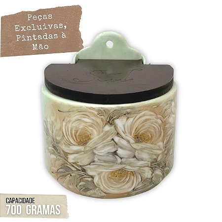 Saleiro de Parede Reto Porcelana Tampa Madeira 700 grs Sal Pintado à Mão - ROSAS BRANCA - VERDE