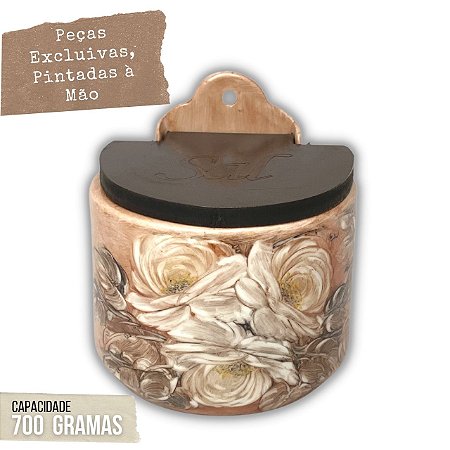 Saleiro de Parede Reto Porcelana Tampa Madeira 700 grs Sal Pintado à Mão - ROSAS BRANCA - CHOCOLATE