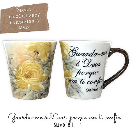 Caneca Tulipa Cônica Chá Café de Porcelana 190 ml Pintada à Mão Salmos Bíblicos Guarda-me o Deus ROSA AMARELA