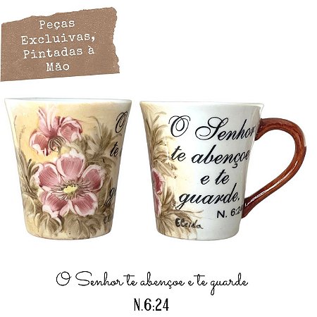 Caneca Tulipa Cônica Chá Café de Porcelana 190 ml Pintada à Mão Salmos Bíblicos O Senhor AZALEIA SILVESTRE ROSA