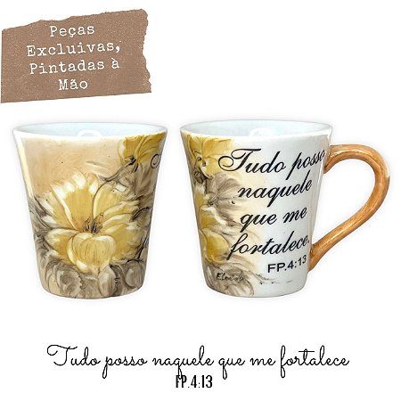Caneca Tulipa Cônica Chá Café de Porcelana 190 ml Pintada à Mão Salmos Bíblicos Tudo posso AZALEIA AMARELA