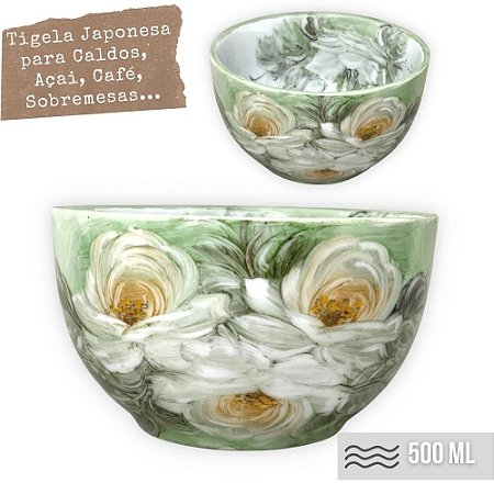 Bowl Tigela Japonesa Cumbuca de Porcelana Cereal Açai 500 ml Pintada à Mão ROSAS BRANCA - VERDE