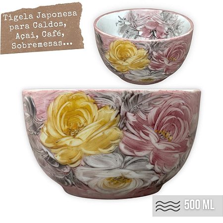Bowl Tigela Japonesa Cumbuca de Porcelana Cereal Açai 500 ml Pintada à Mão ROSAS AMARELA ROSA BRANCA - ROSA