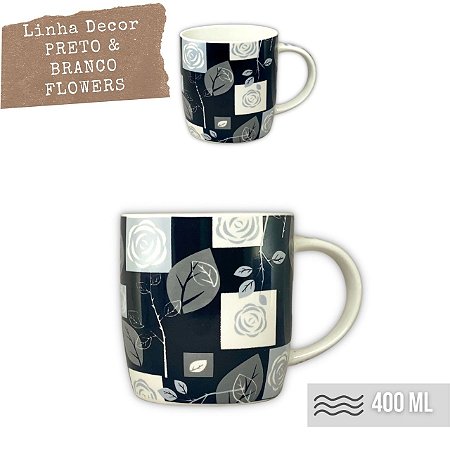 Caneca Cônica Chá Café Chocolate Quente de Porcelana Extra Fina 400 ml FAIXA FLORES BLACK FUNDO PRETO