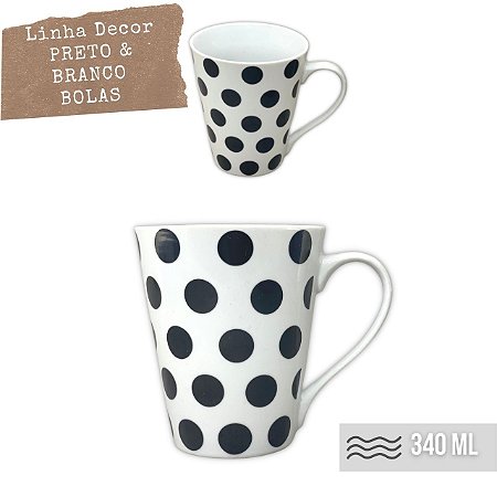 Caneca Cônica Chá Café Chocolate Quente de Porcelana Fina 340 ml PETIT POA BOLINHAS PRETAS