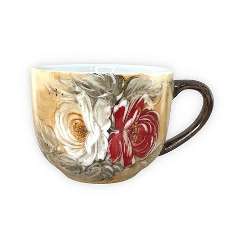 Caneca Jumbo Porcelana Xícara Grande Sopa Cereal 500 ml ROSAS BRANCA VERMELHA /CARAMELO