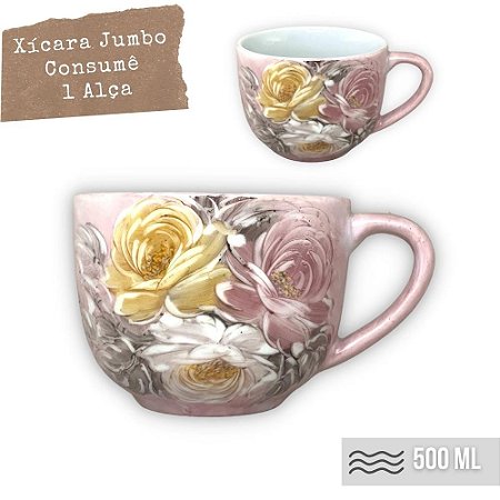Caneca Jumbo Porcelana Xícara Grande Sopa Cereal 500 ml ROSAS BRANCA ROSA AMARELA