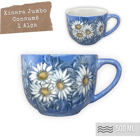 Caneca Jumbo Porcelana Xícara Grande Sopa Cereal 500 ml MARGARIDAS BRANCA