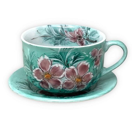 Caneca Jumbo com Prato Consumê de Porcelana 750 ml Xícara Grande de Sopa Cereal AZALEIAS SILVESTRE ROSA/TIFFANY