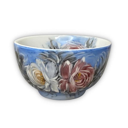 Bowl Tigela Japonesa Cumbuca de Porcelana Cereal Açai 500 ml Pintada à Mão ROSAS ROSA BRANCA - AZUL