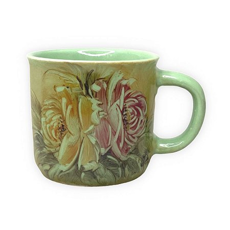 Caneca Ágata Café com Leite Chá de Porcelana 200 ml Colorida e Pintada à Mão ROSAS ROSA AMARELA COR VERDE