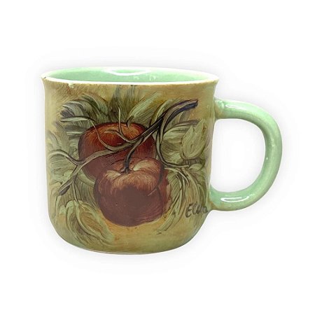 Caneca Ágata Café com Leite Chá de Porcelana 200 ml Colorida e Pintada à Mão MACA VERMELHA COR VERDE
