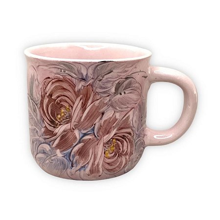 Caneca Ágata Café com Leite Chá de Porcelana 200 ml Colorida e Pintada à Mão ROSAS ROSA COM AZUL/ ROSA