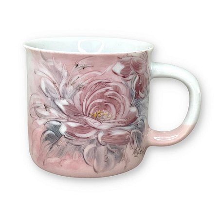 Caneca Ágata Café com Leite Chá de Porcelana 200 ml Colorida e Pintada à Mão ROSAS ROSA/ ROSA BRANCO
