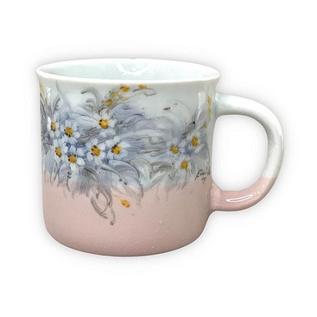 Caneca Ágata Café com Leite Chá de Porcelana 200 ml Colorida e Pintada à Mão MIOSÓTIS BRANCA/ ROSA BRANCO